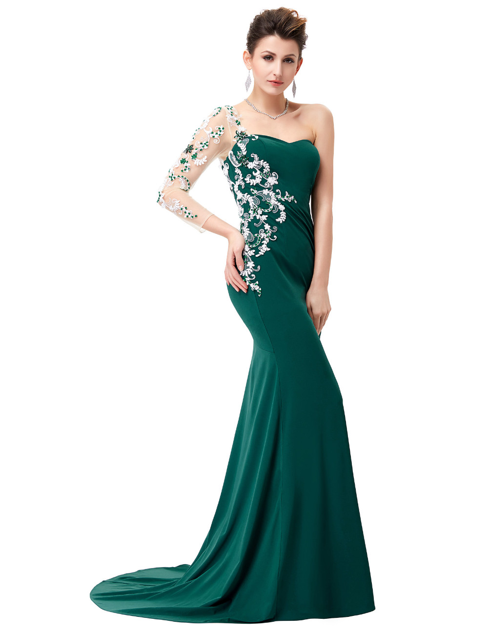 Luxusní společenské šaty s vyšívaným rukávem zelená 