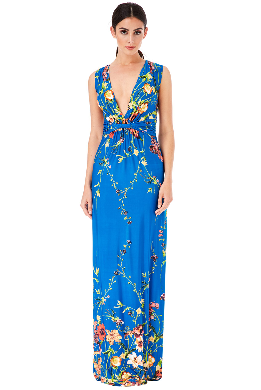 Dlouhé letní šaty s potiskem květů modrá