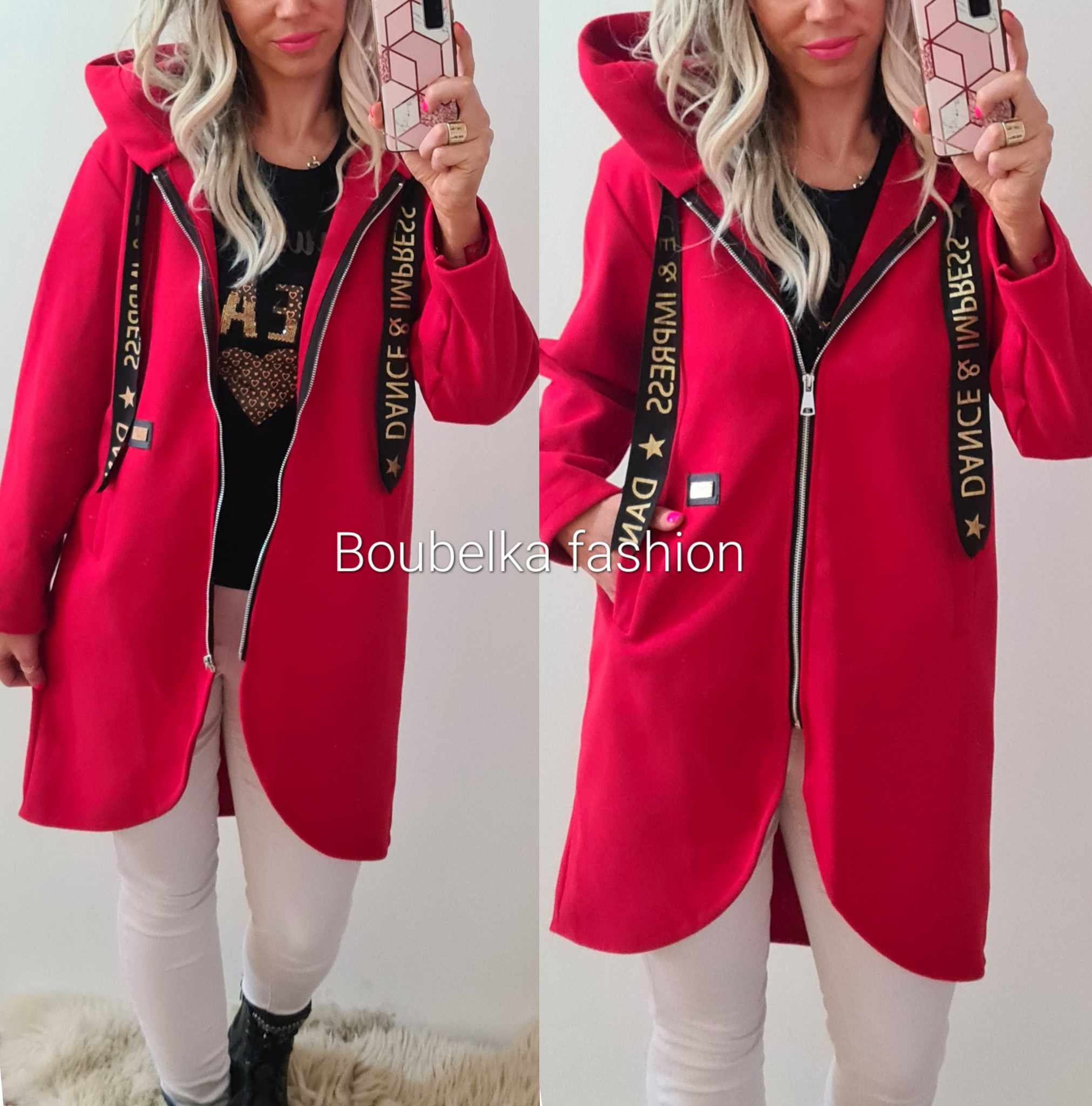 Dámský flaušový přechodový kabátek s kapucí červená (Dámský kabátek)